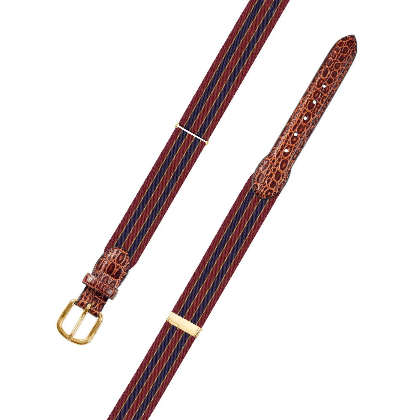 Adjustable Brick, Navy & Gold Grosgrain Belt with Embossed Calf Tabs