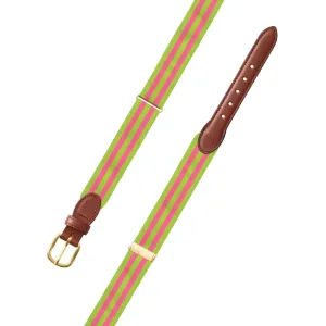 Adjustable Grass Green & Pink Grosgrain Belt with Brown Leather Tabs