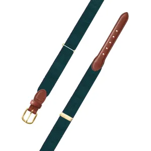 Adjustable Green & Navy Grosgrain Belt with Brown Leather Tabs