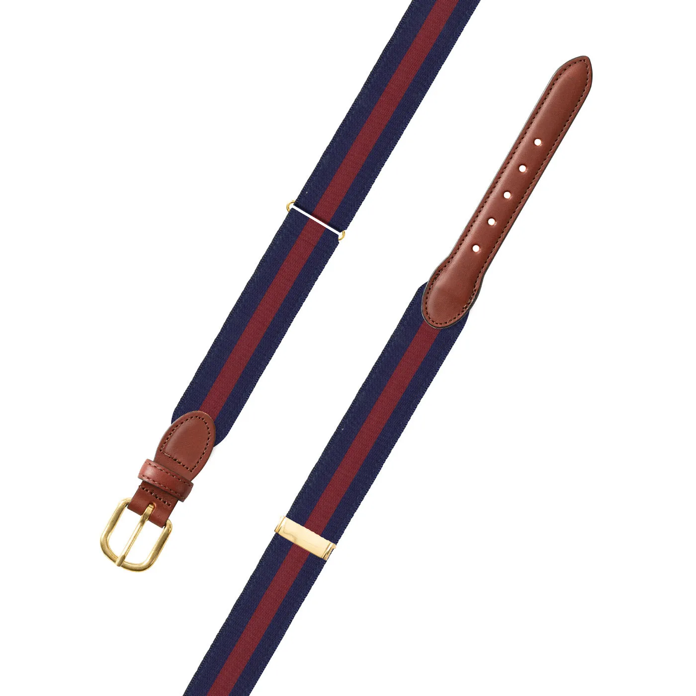 Adjustable Navy & Burgundy Grosgrain Belt with Brown Leather Tabs