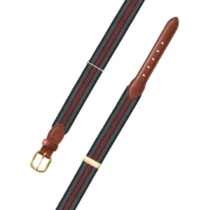 Adjustable Navy, Burgundy & Green Grosgrain Belt with Brown Leather Tabs