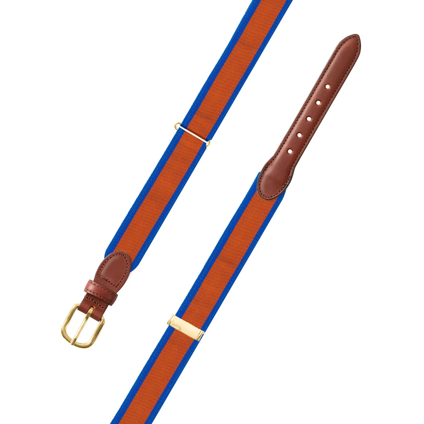 Adjustable Orange on Blue Grosgrain Belt with Brown Leather Tabs