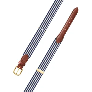 Adjustable Thin Stripe Navy & White Grosgrain Belt with Brown Leather Tabs