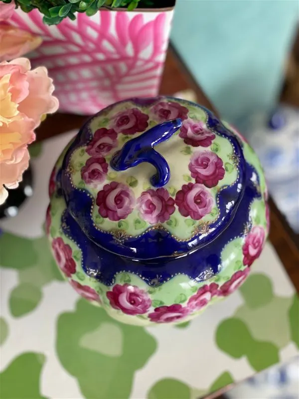 Antique Nippon Jar, Lidded Blue, White, Pink and Green Floral Potpourri Bowl