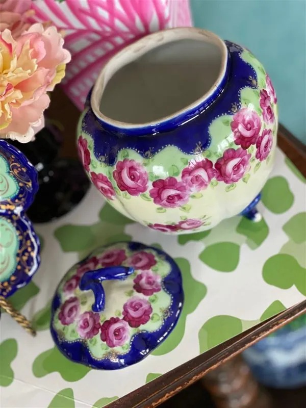 Antique Nippon Jar, Lidded Blue, White, Pink and Green Floral Potpourri Bowl