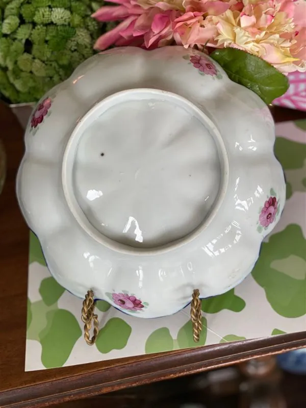 Antique Nippon Jar, Lidded Blue, White, Pink and Green Floral Potpourri Bowl