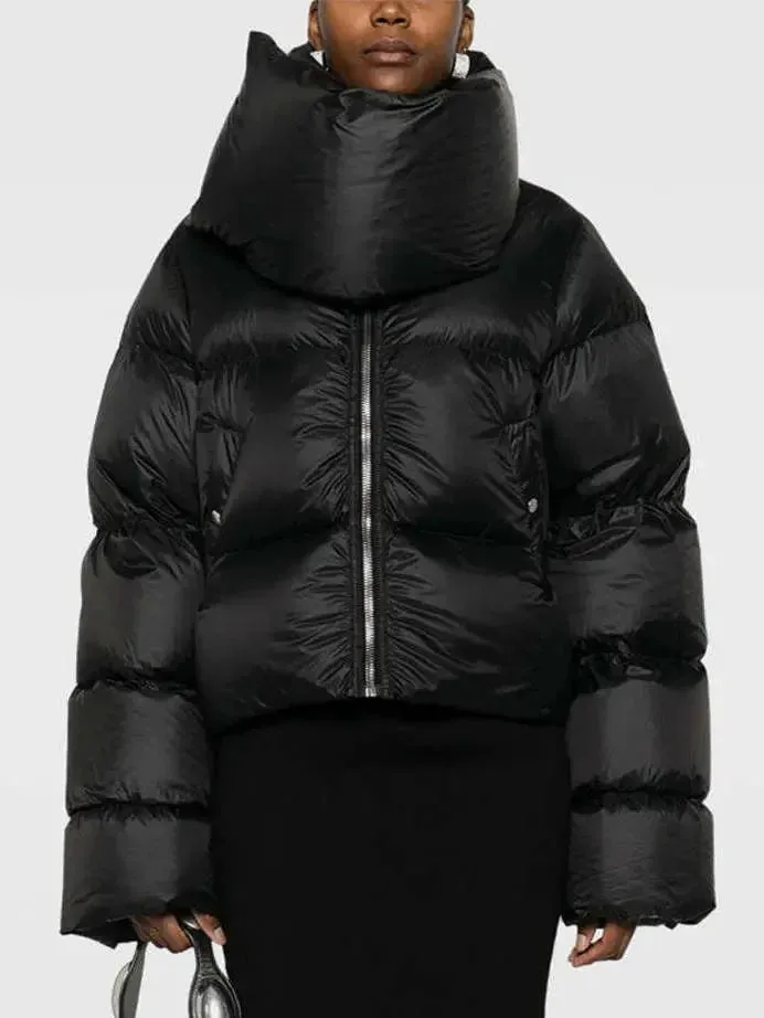 Black Funnel-Neck Puffer Jacket