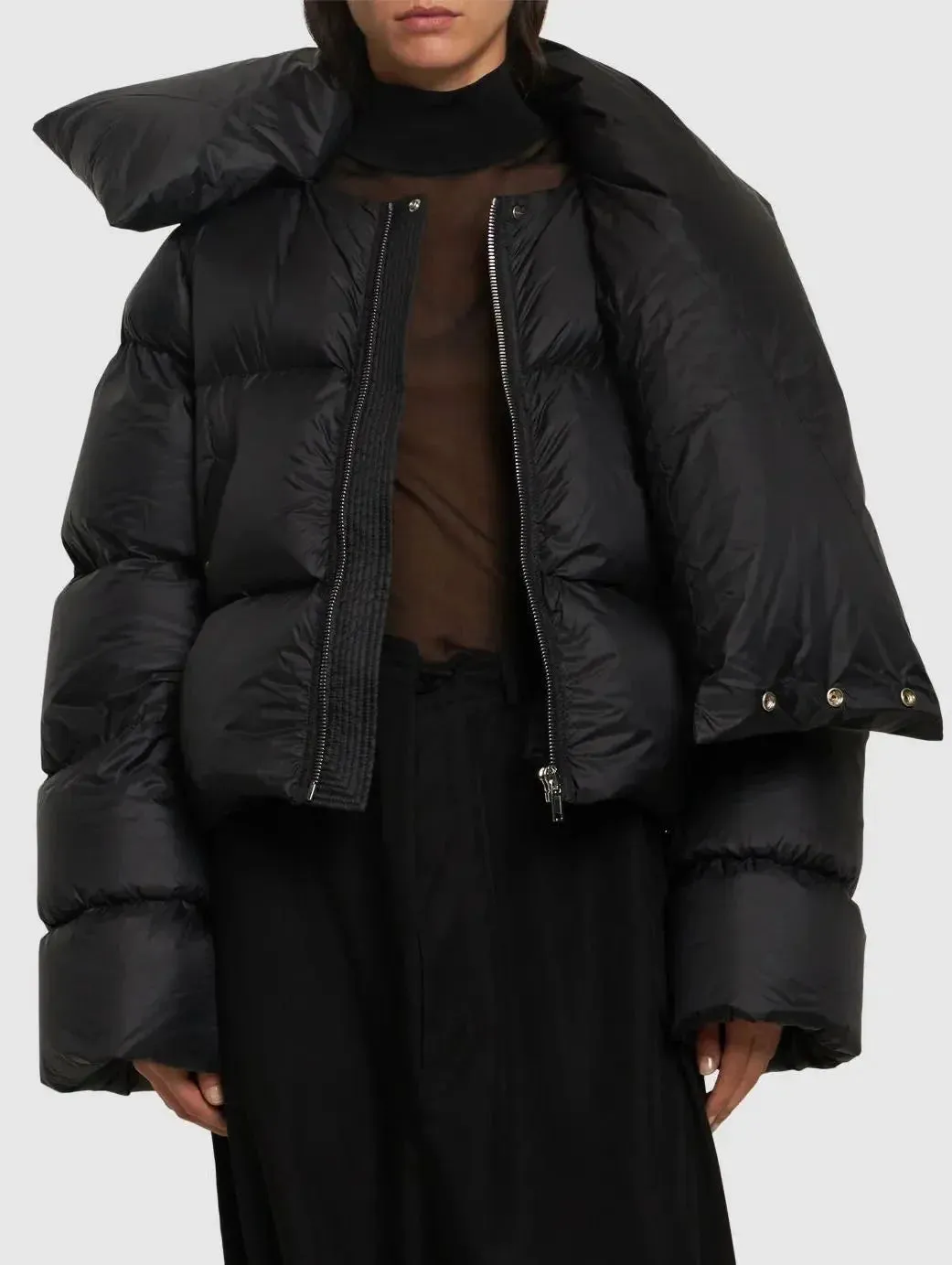 Black Funnel-Neck Puffer Jacket