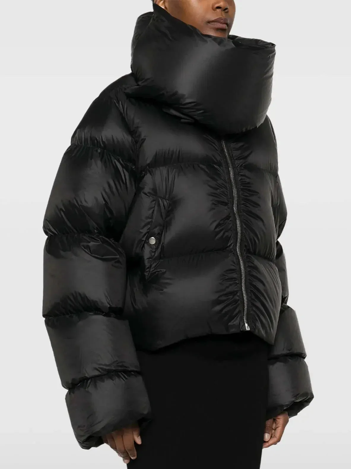 Black Funnel-Neck Puffer Jacket