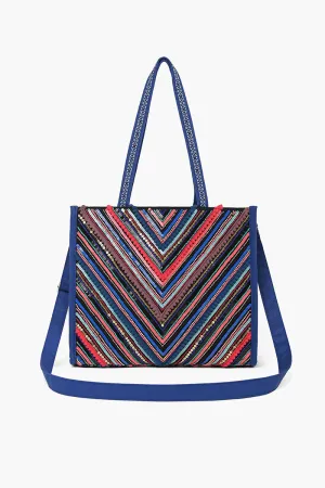 Boho Beaded Market Tote with Crossbody-Navy Chevron