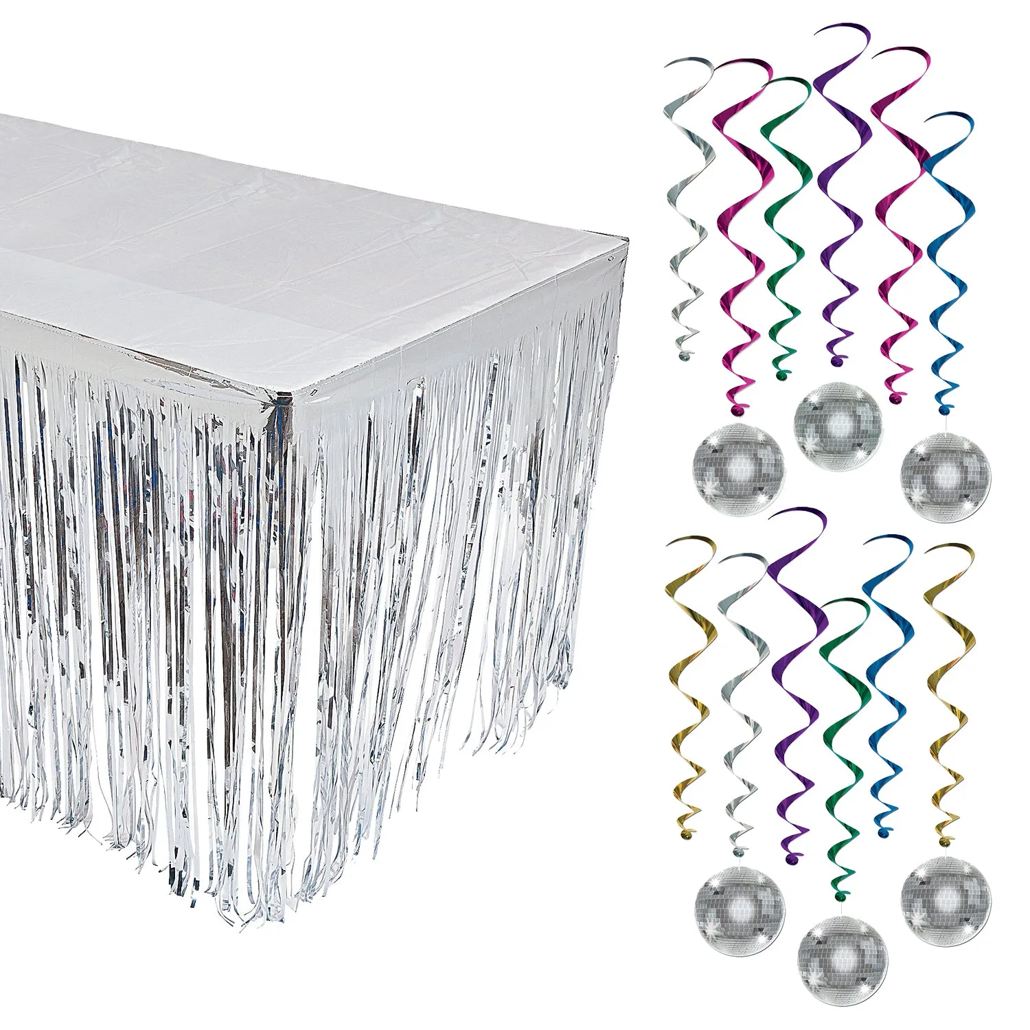 Disco Party Decorations - Disco Ball Whirls Hanging Decorations and Silver Sequin Table Cover