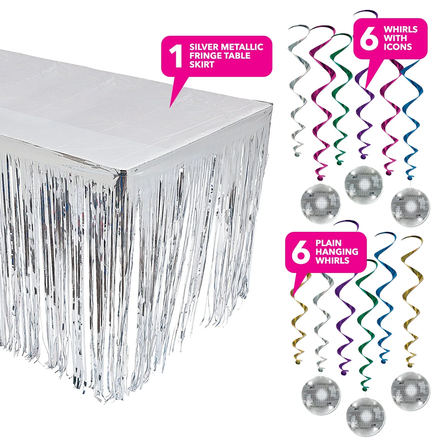 Disco Party Decorations - Disco Ball Whirls Hanging Decorations and Silver Sequin Table Cover