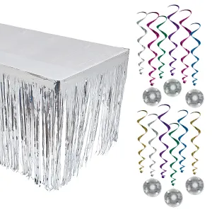 Disco Party Decorations - Disco Ball Whirls Hanging Decorations and Silver Sequin Table Cover