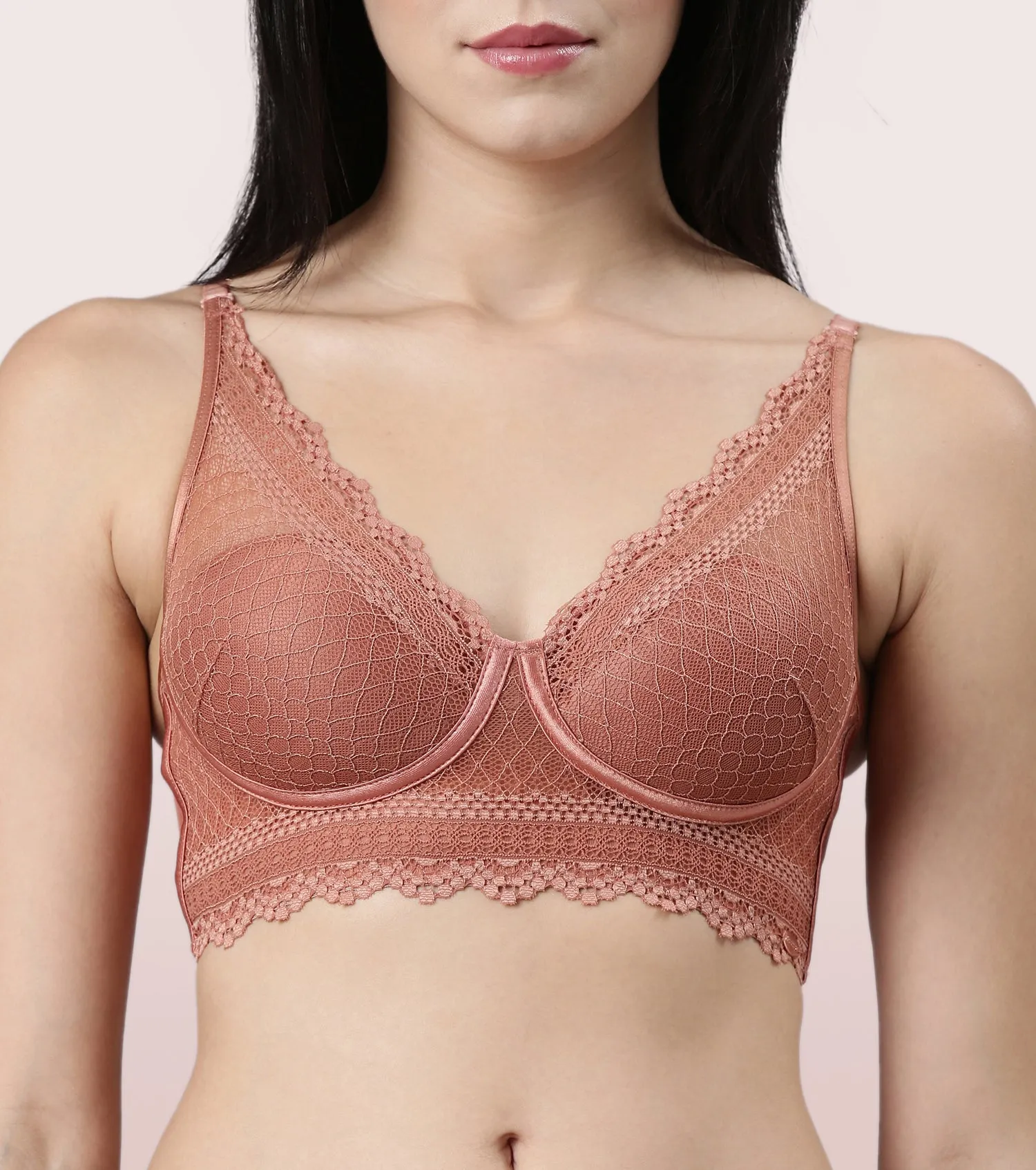 Enamor Pure Ease F125 Longline Comfort Lace Bra for Women - Padded, Wirefree and High Coverage