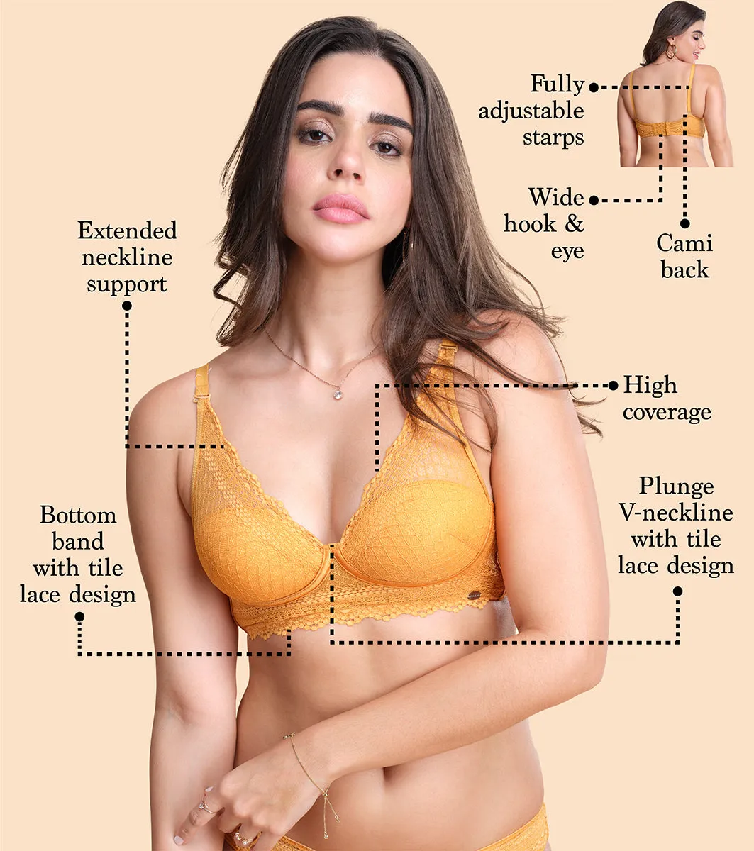 Enamor Pure Ease F125 Longline Comfort Lace Bra for Women - Padded, Wirefree and High Coverage