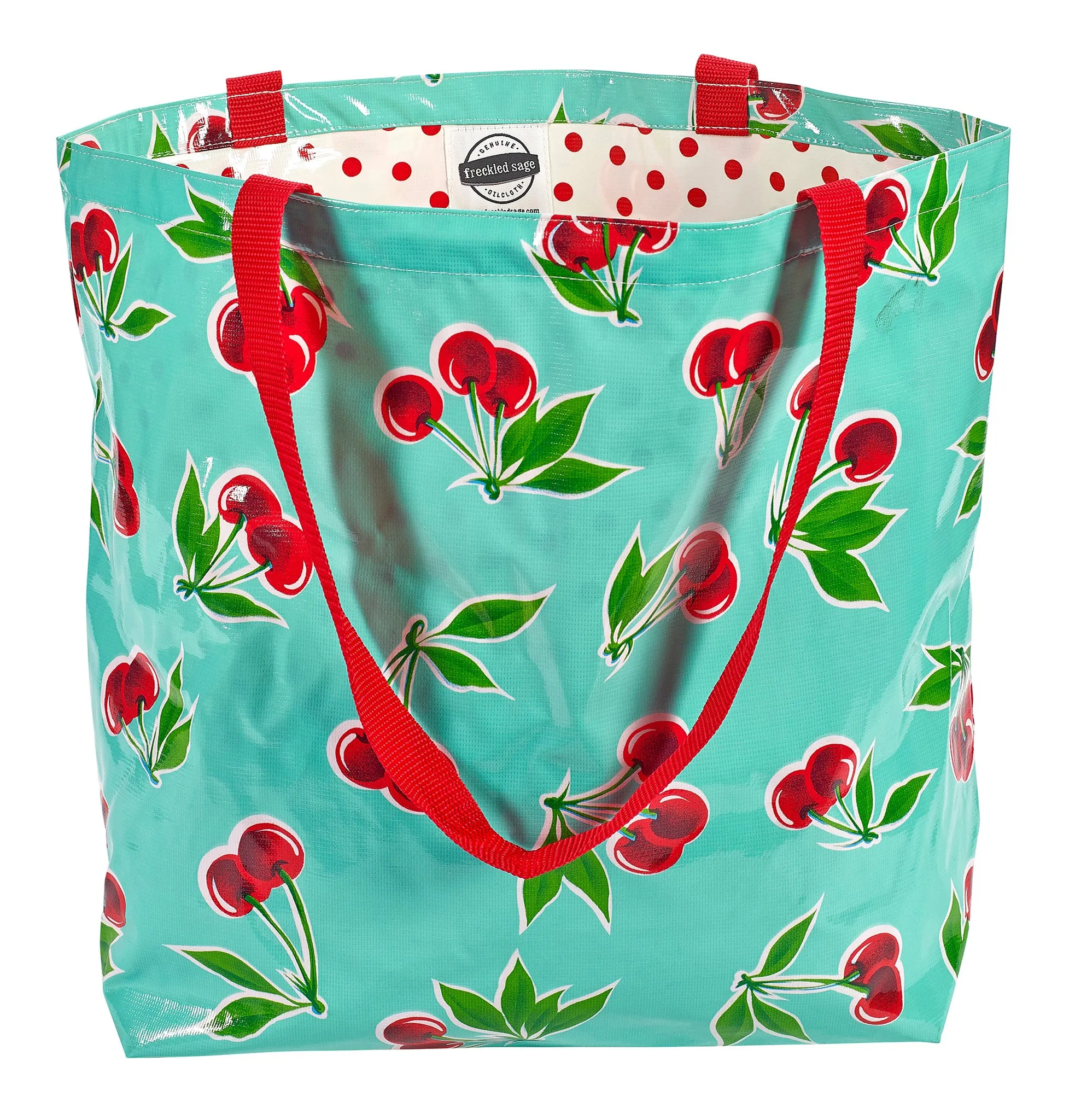 Freckled Sage Oilcloth Market Bags in Cherry Aqua