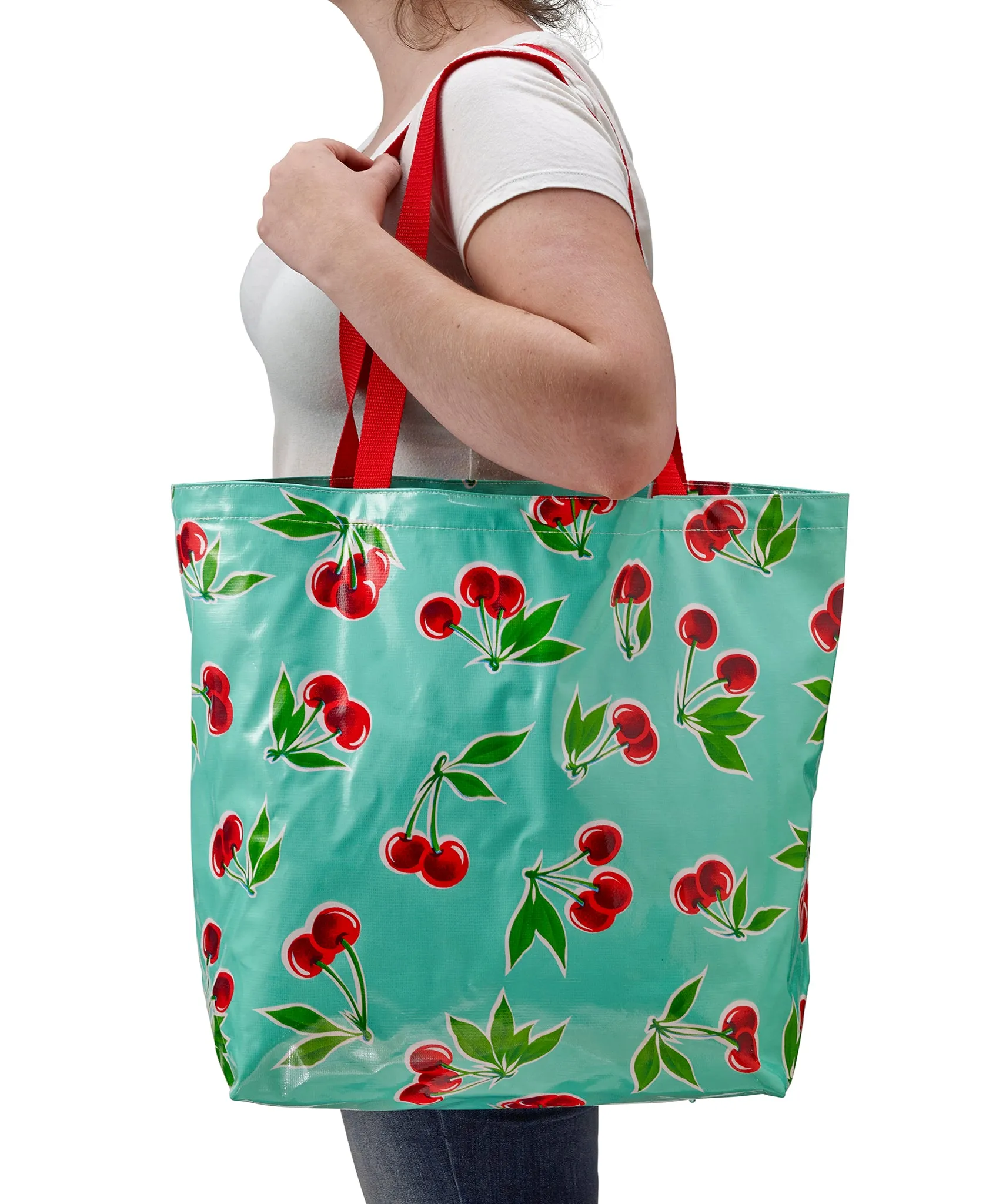 Freckled Sage Oilcloth Market Bags in Cherry Aqua