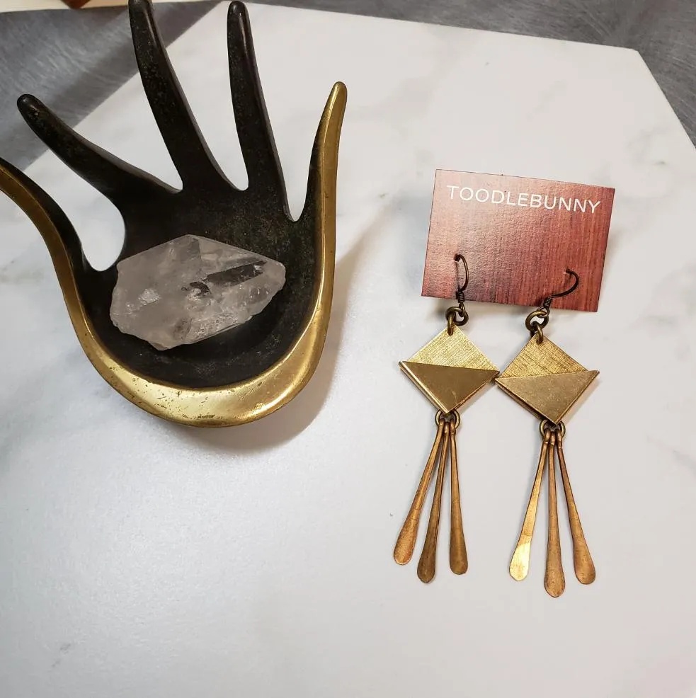 Geometric brass paddle fringe earrings