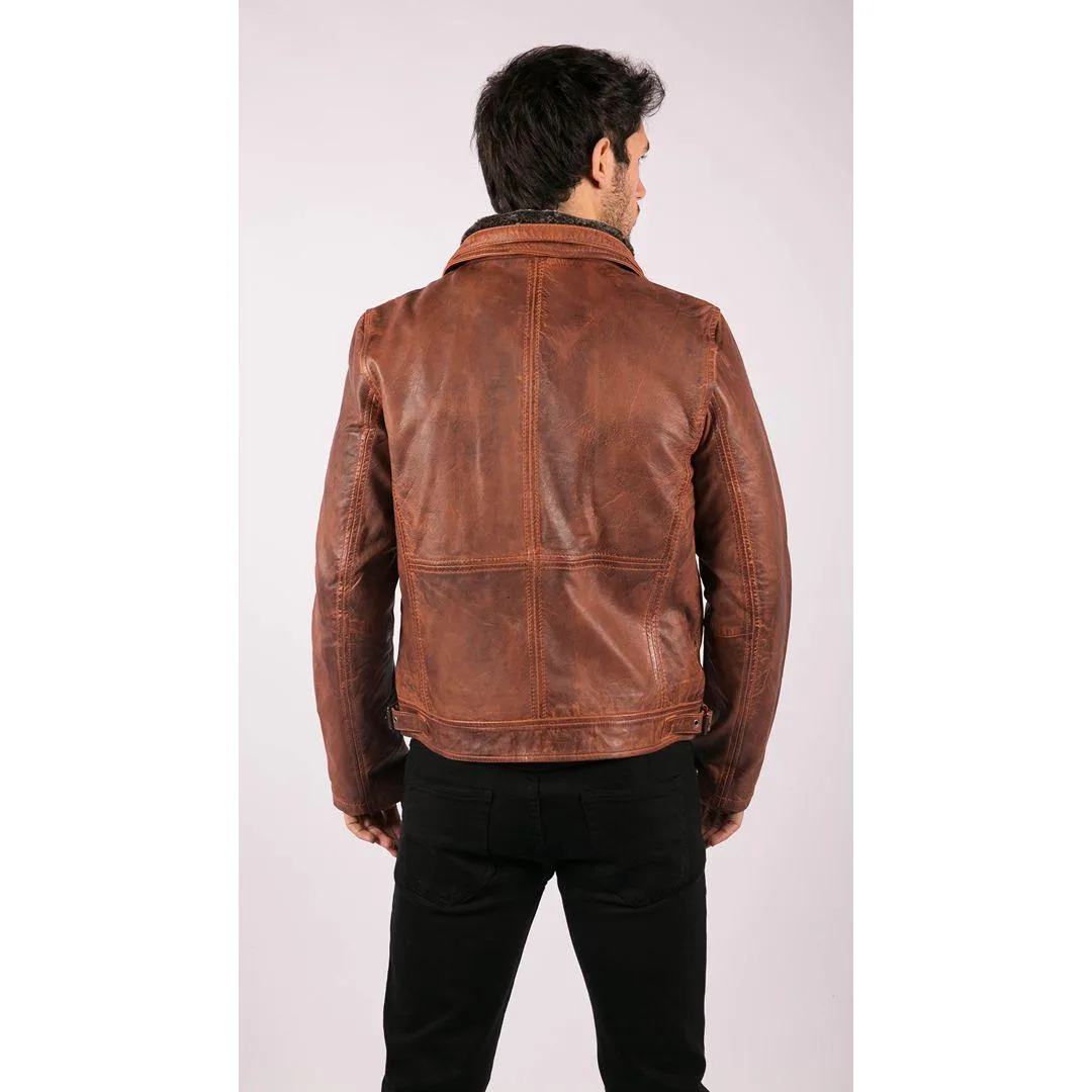 Mens Washed Rust Tan Brown Removable Fur Collar Leather Jacket Slim Fit Zipped