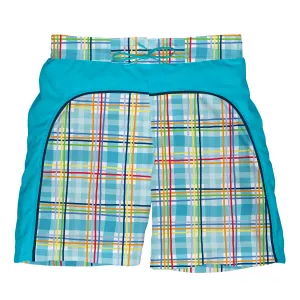 Mix & Match Board Shorts w/Built-in Reusable Absorbent Swim Diaper-Aqua Plaid