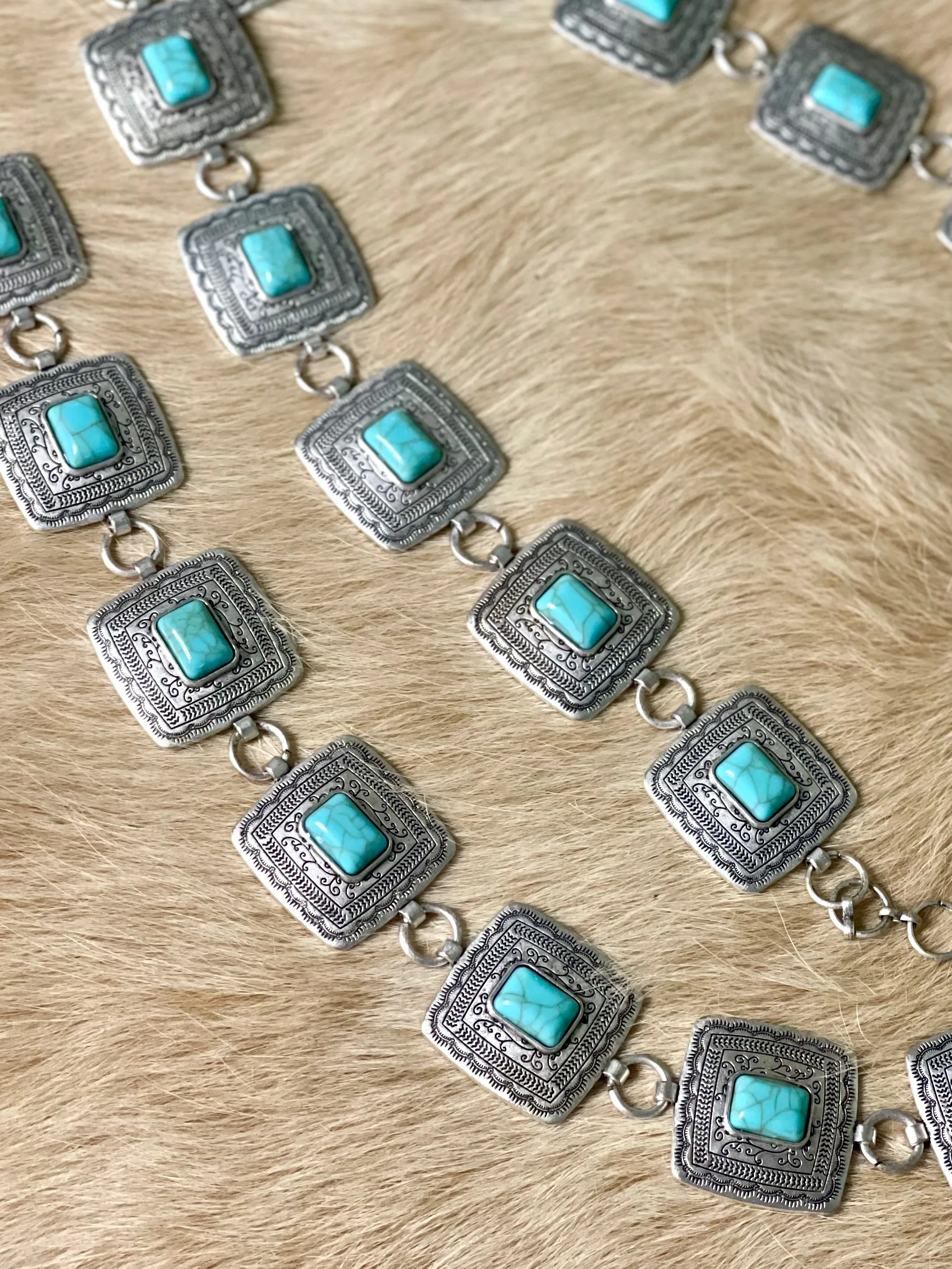 Silver Square Concho Belt w/ Turquoise