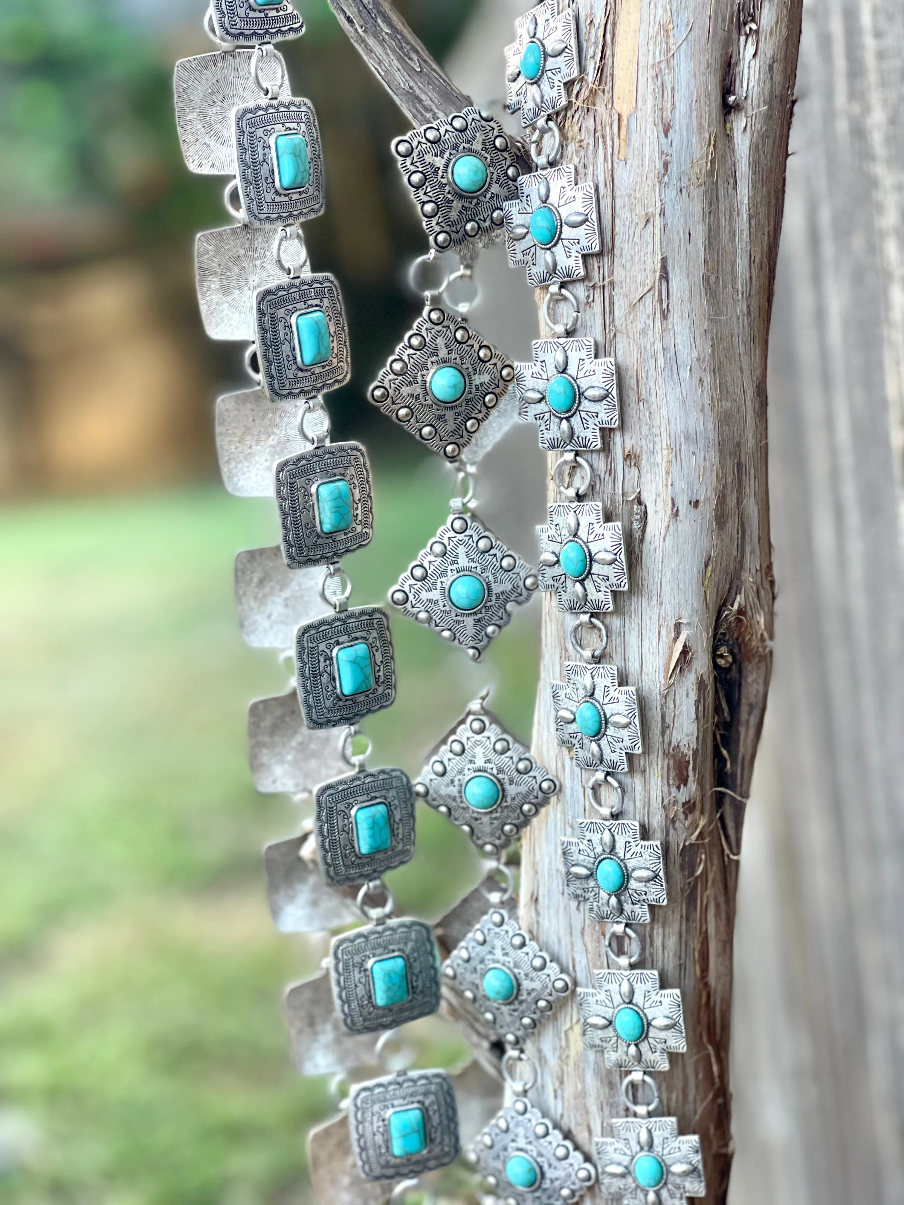 Silver Square Concho Belt w/ Turquoise