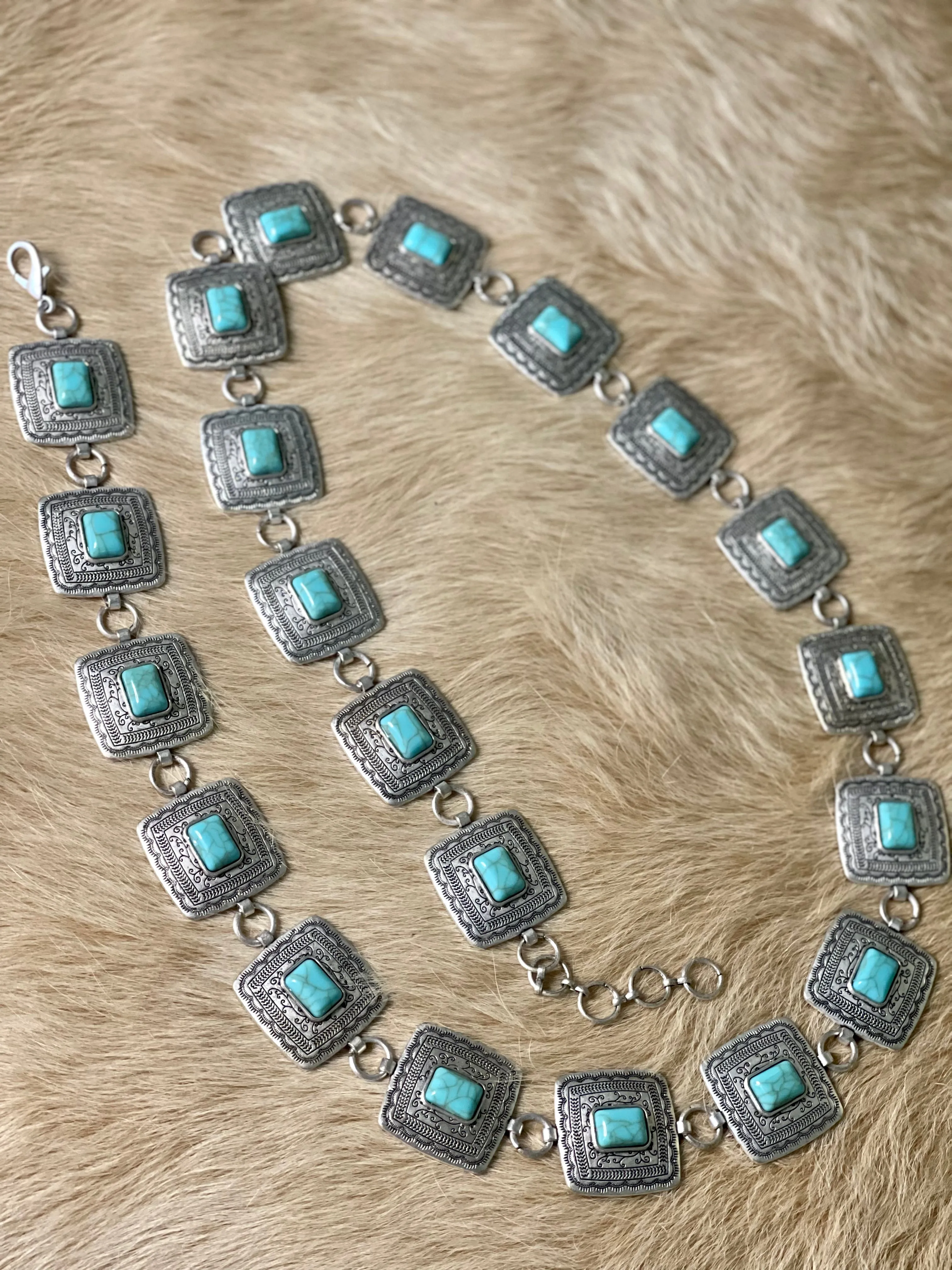 Silver Square Concho Belt w/ Turquoise