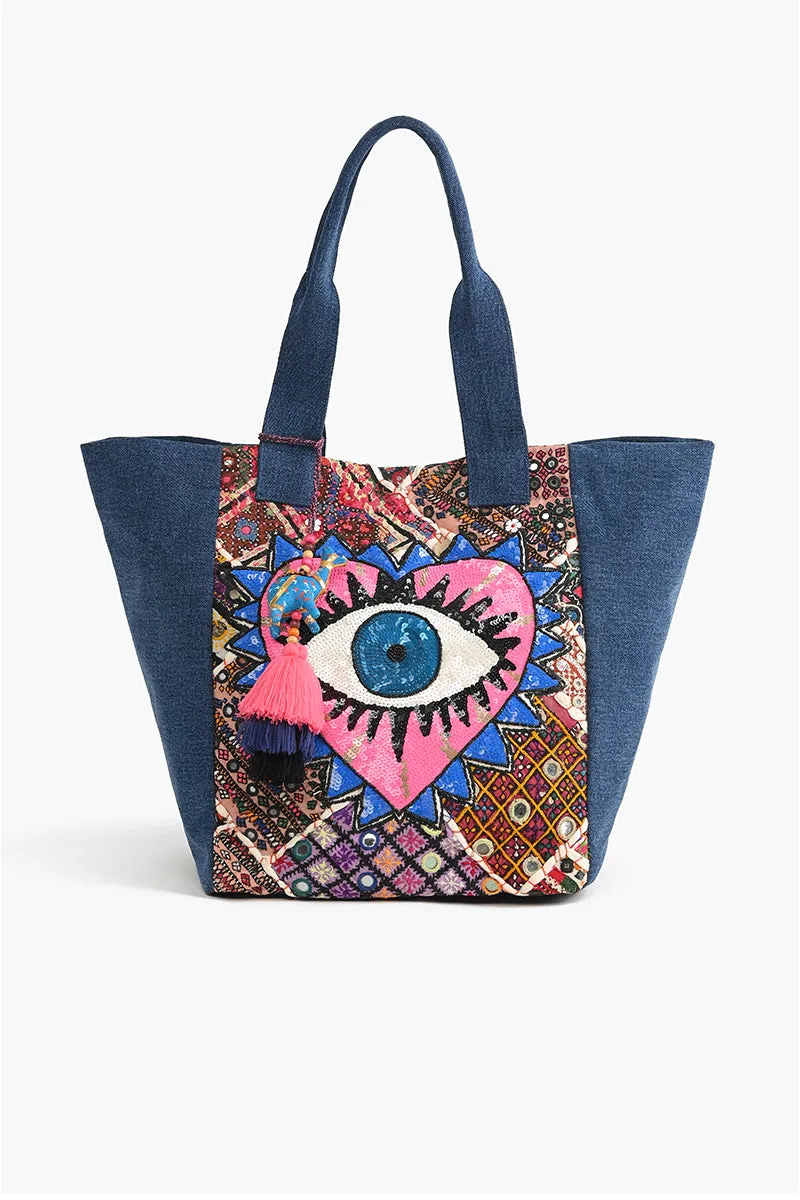 Watch Over Me Evil Eye Denim Tote