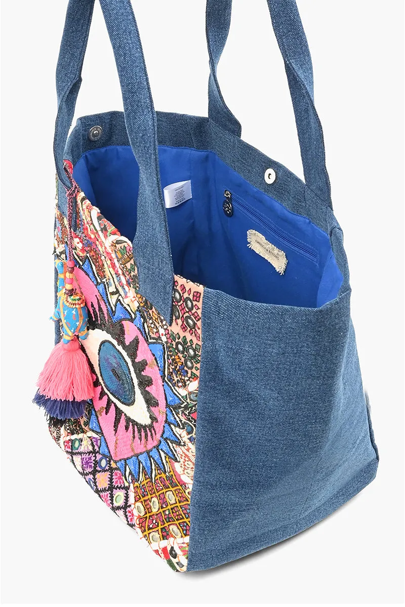 Watch Over Me Evil Eye Denim Tote