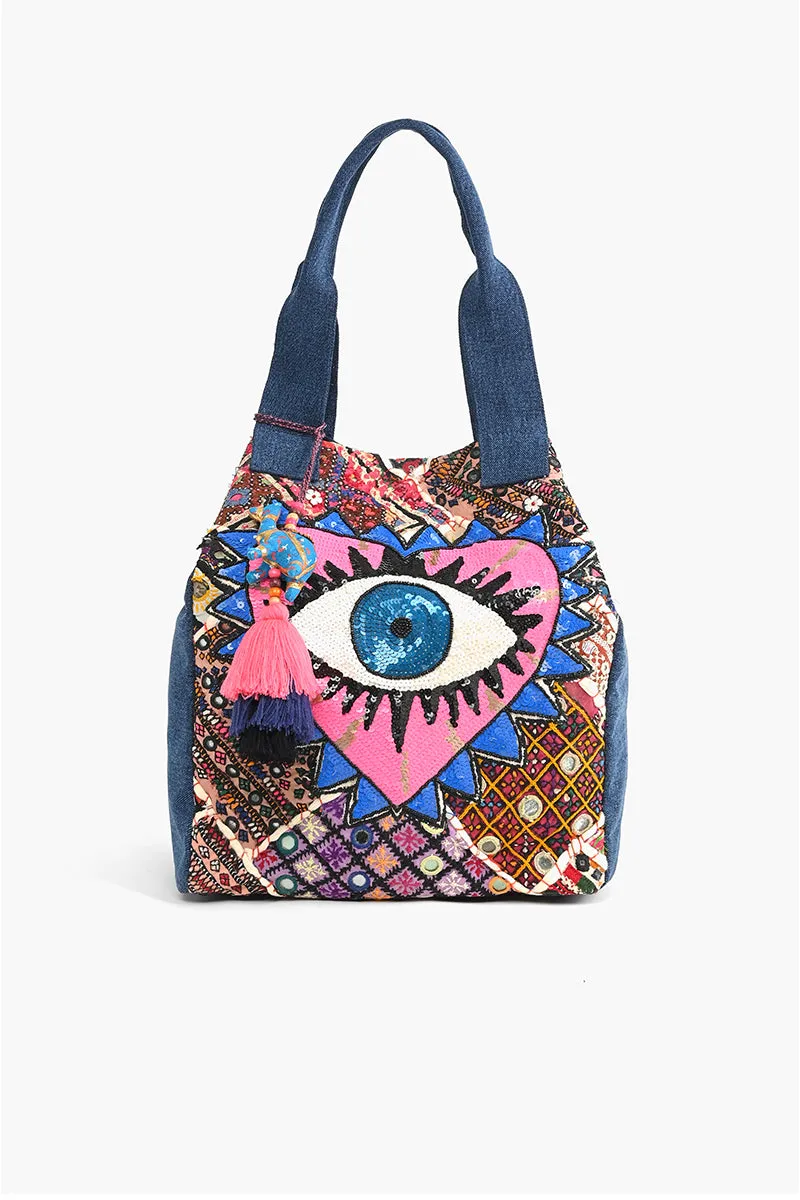 Watch Over Me Evil Eye Denim Tote